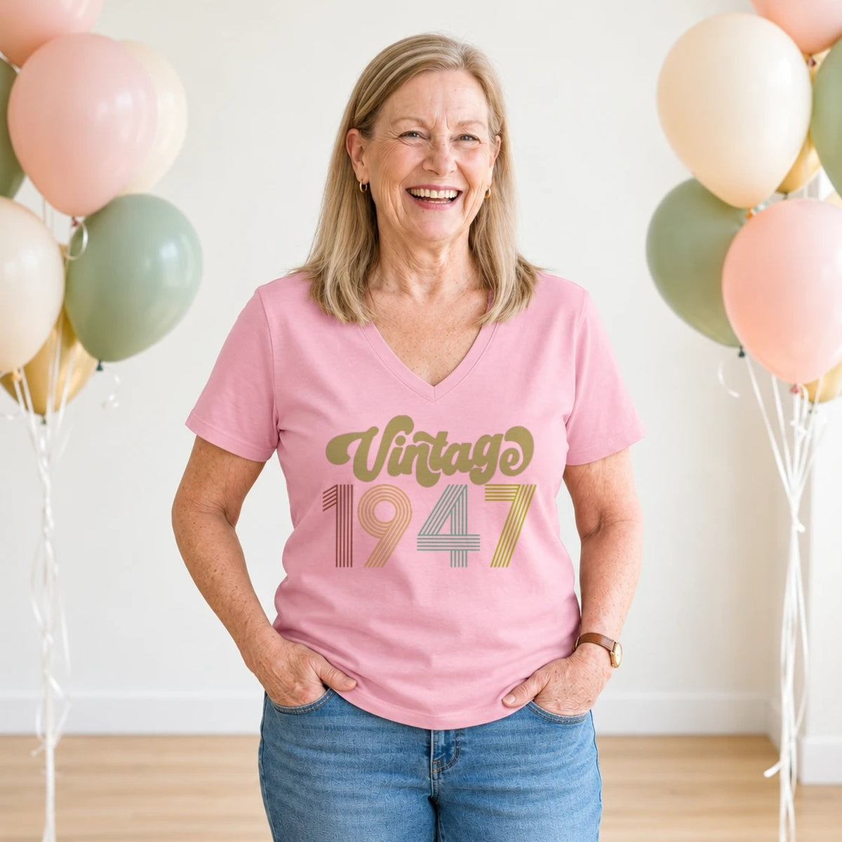 Vintage 1947 - Retro 79th Birthday T-Shirt for Women - Blush Pink V-Neck