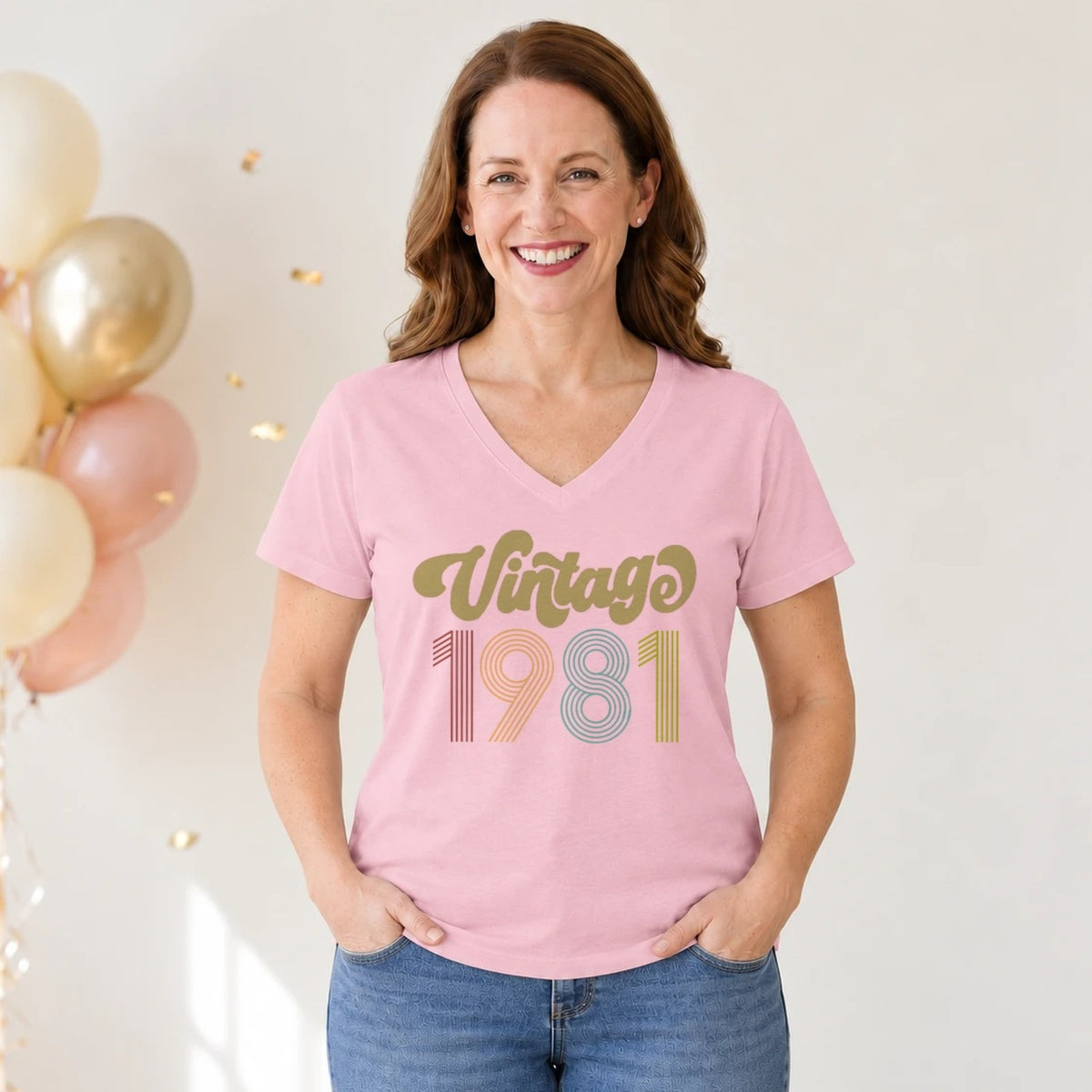 Vintage 1981 - Retro 45th Birthday T-Shirt for Women - Blush Pink V-Neck