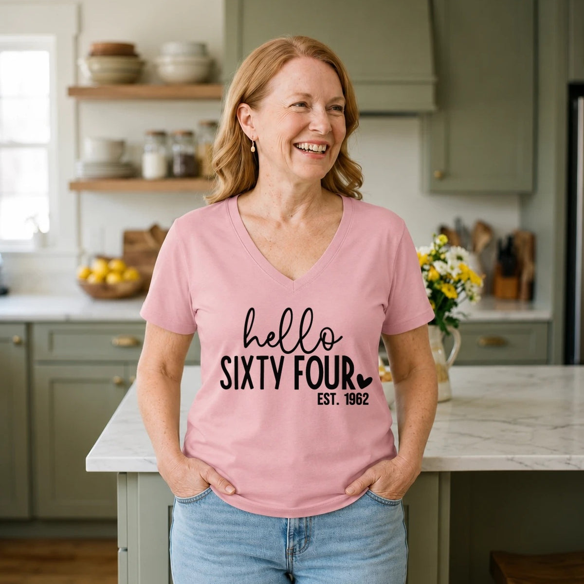 Hello Sixty-Four 64th Birthday T-Shirt for Women - Est. 1962 - Blush Pink V-Neck