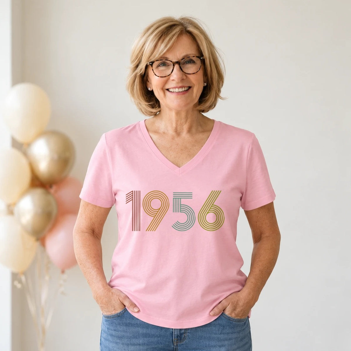 1956 Birth Year Shirt - Retro 70th Birthday T-Shirt for Women - Blush Pink V-Neck