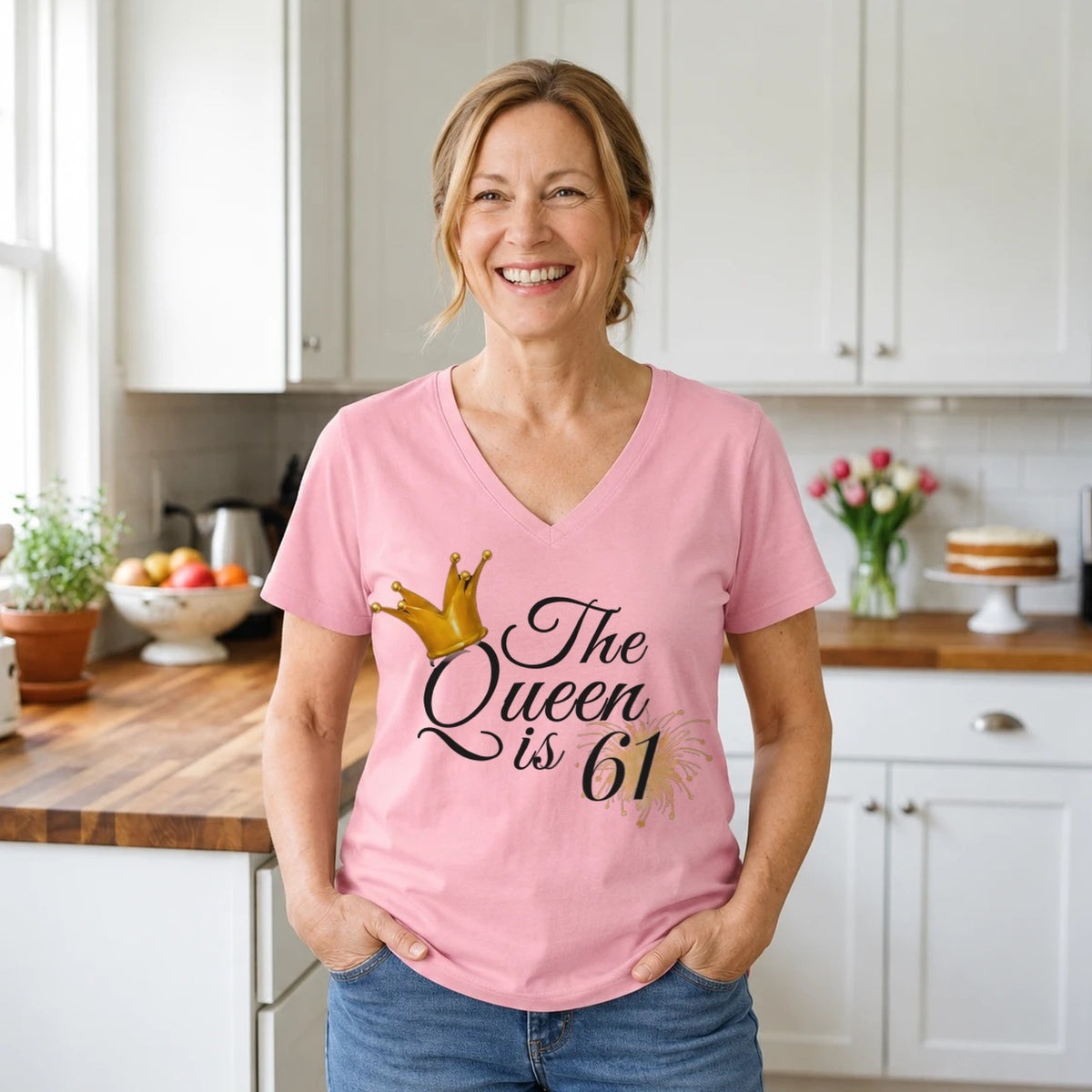 The Queen Is 61 - 61st Birthday Queen T-Shirt for Women - Blush Pink V-Neck