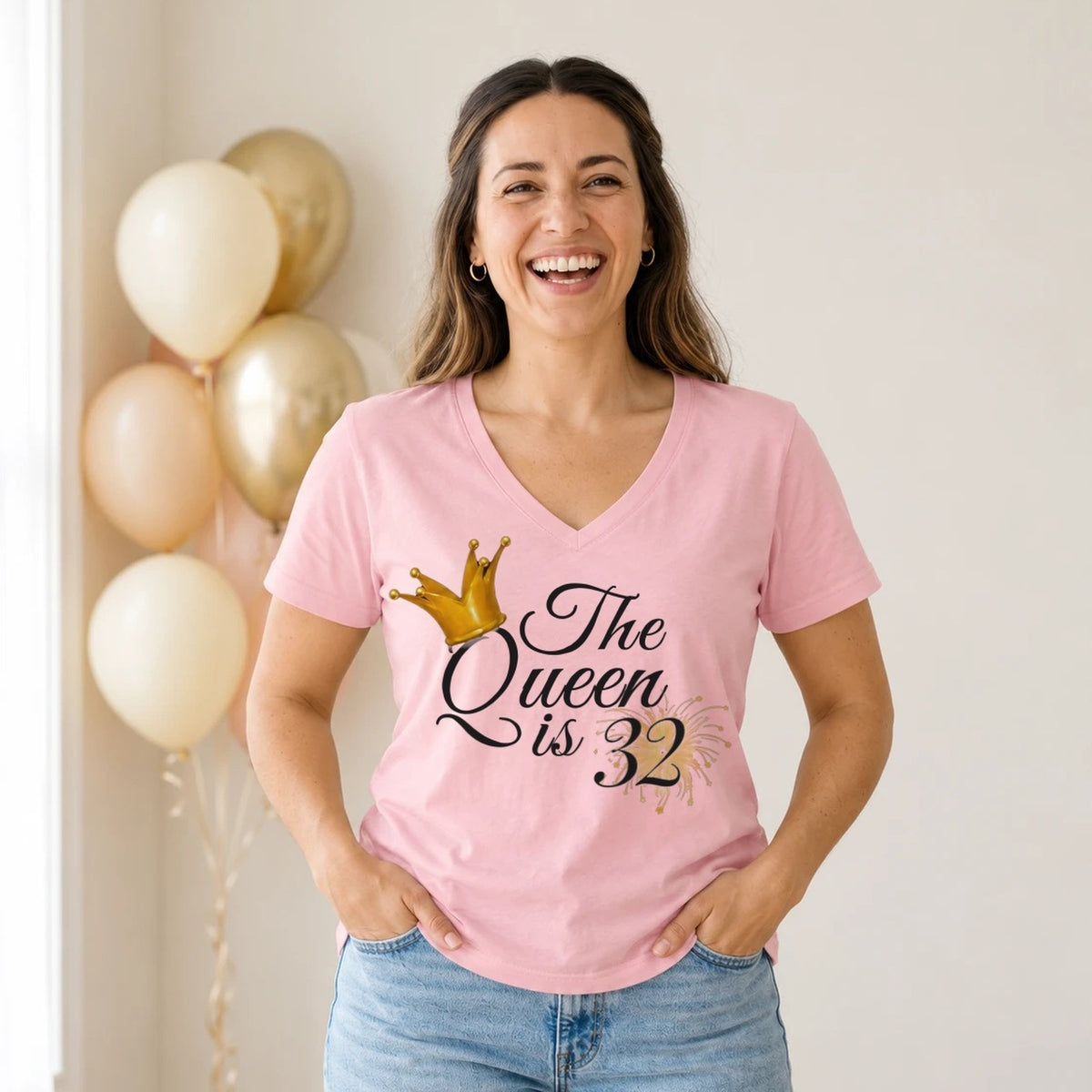 The Queen Is 32 - 32nd Birthday Queen T-Shirt for Women - Blush Pink V-Neck