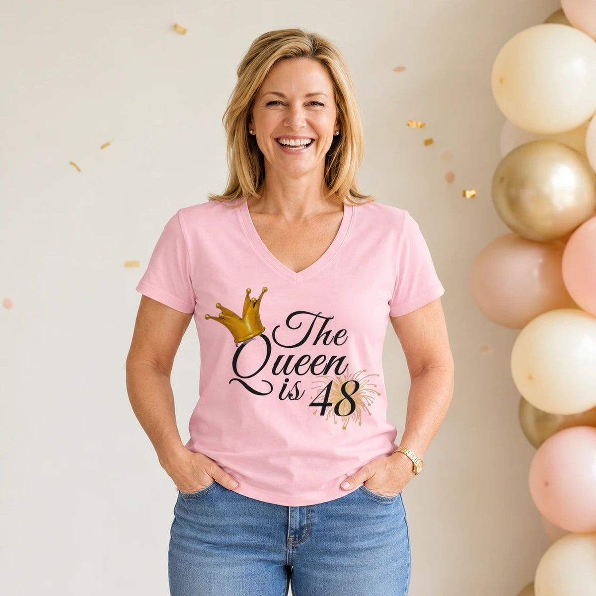 The Queen Is 48 - 48th Birthday Queen T-Shirt for Women - Blush Pink V-Neck