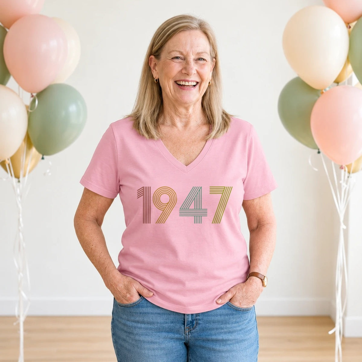 1947 Birth Year Shirt - Retro 79th Birthday T-Shirt for Women - Blush Pink V-Neck
