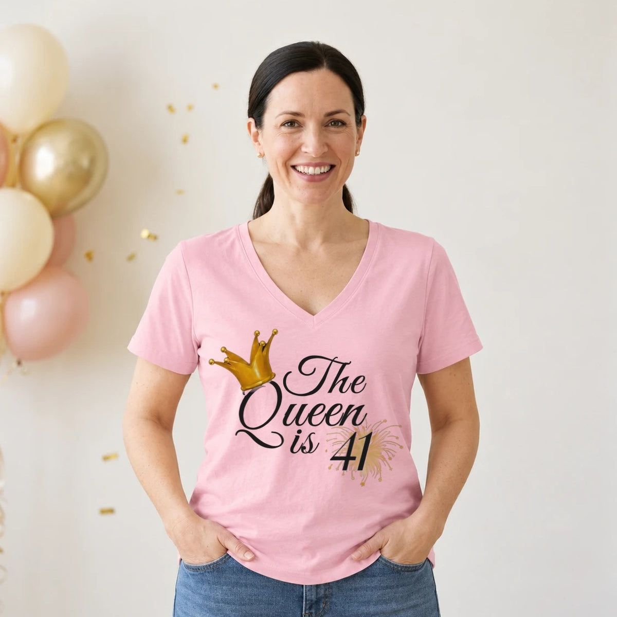 The Queen Is 41 - 41st Birthday Queen T-Shirt for Women - Blush Pink V-Neck