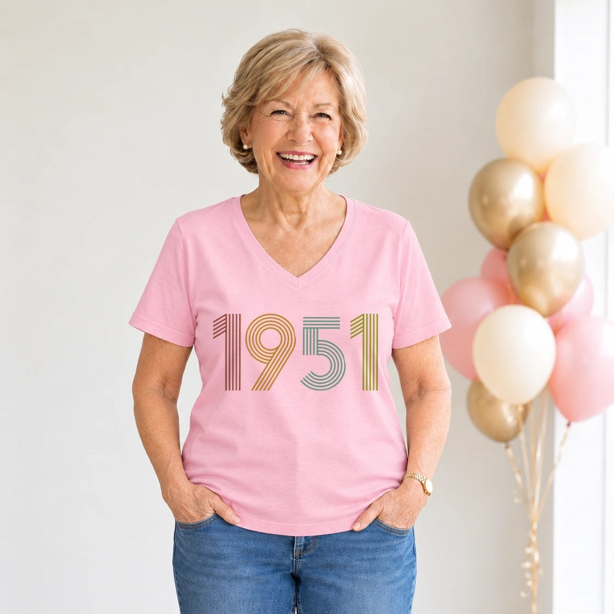 1951 Birth Year Shirt - Retro 75th Birthday T-Shirt for Women - Blush Pink V-Neck