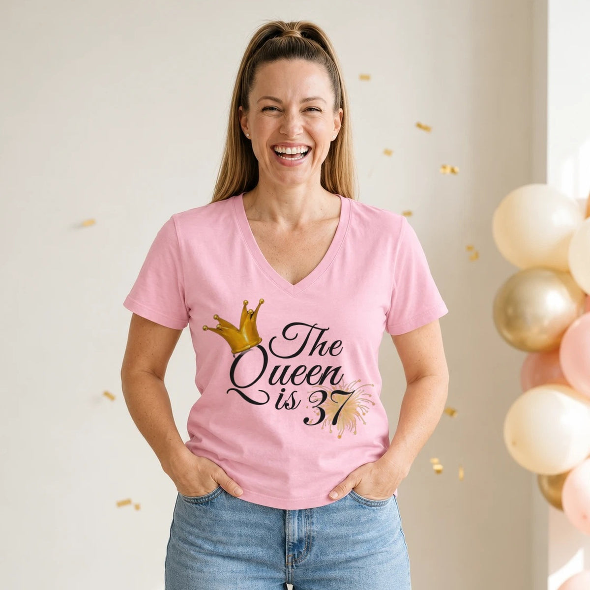 The Queen Is 37 - 37th Birthday Queen T-Shirt for Women - Blush Pink V-Neck