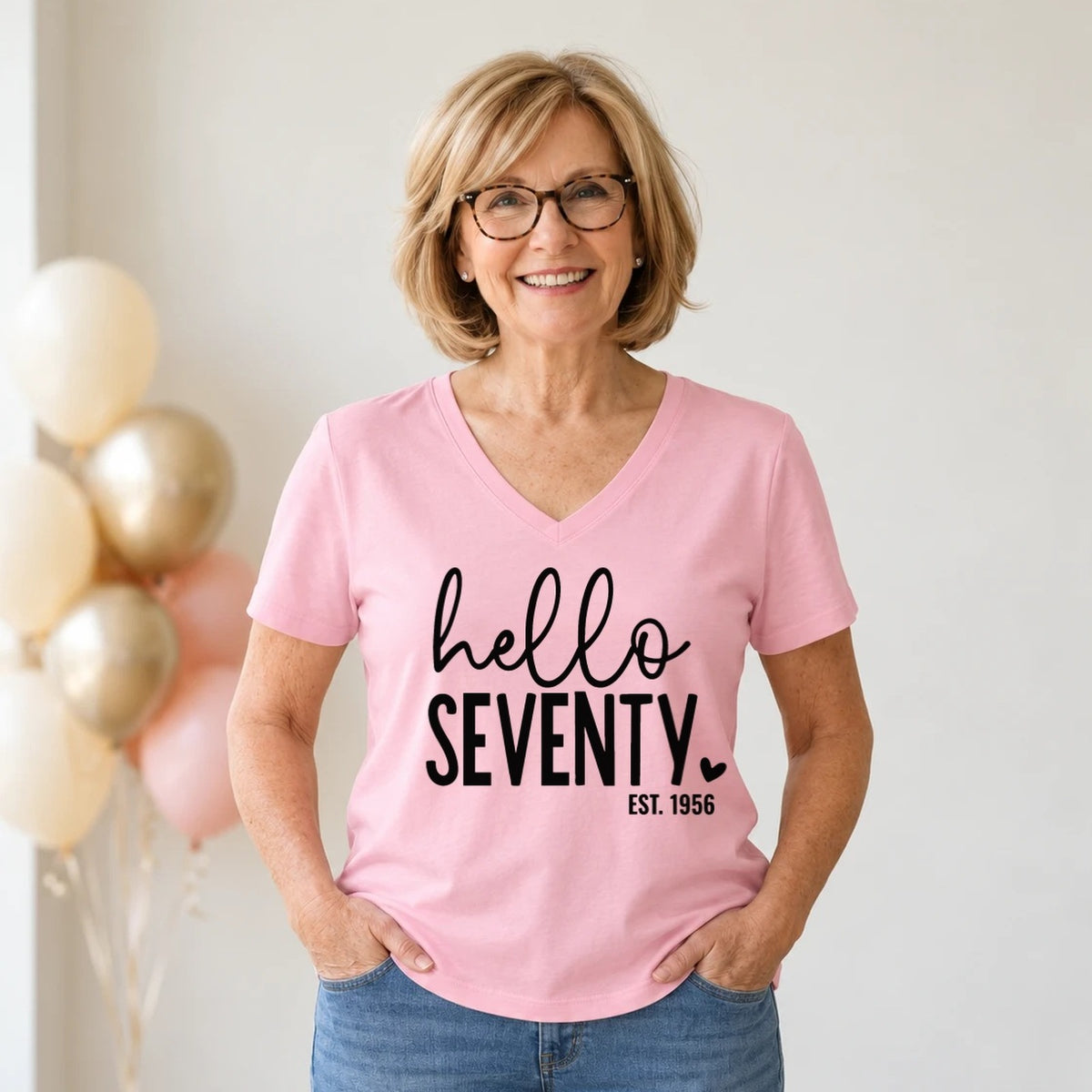 Hello Seventy 70th Birthday T-Shirt for Women - Est. 1956 - Blush Pink V-Neck