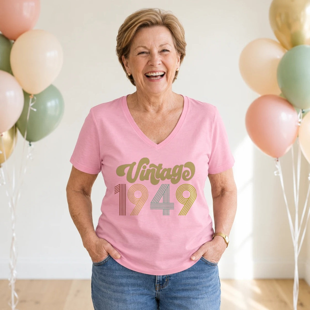 Vintage 1949 - Retro 77th Birthday T-Shirt for Women - Blush Pink V-Neck