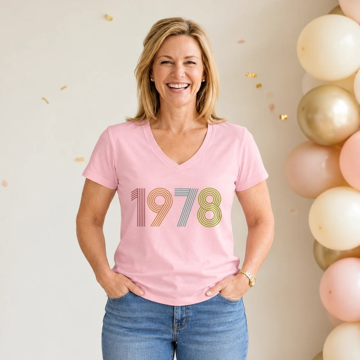 1978 Birth Year Shirt - Retro 48th Birthday T-Shirt for Women - Pink Round Neck