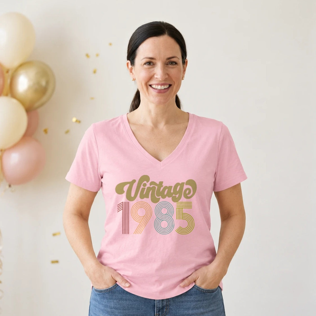 Vintage 1985 - Retro 41st Birthday T-Shirt for Women - Blush Pink V-Neck