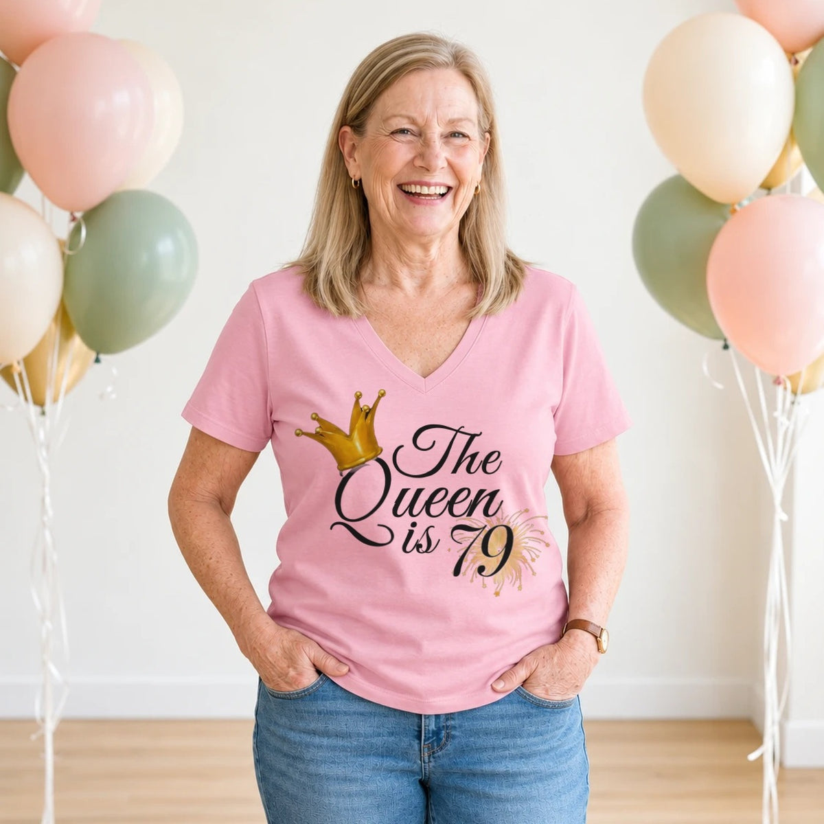 The Queen Is 79 - 79th Birthday Queen T-Shirt for Women - Blush Pink V-Neck