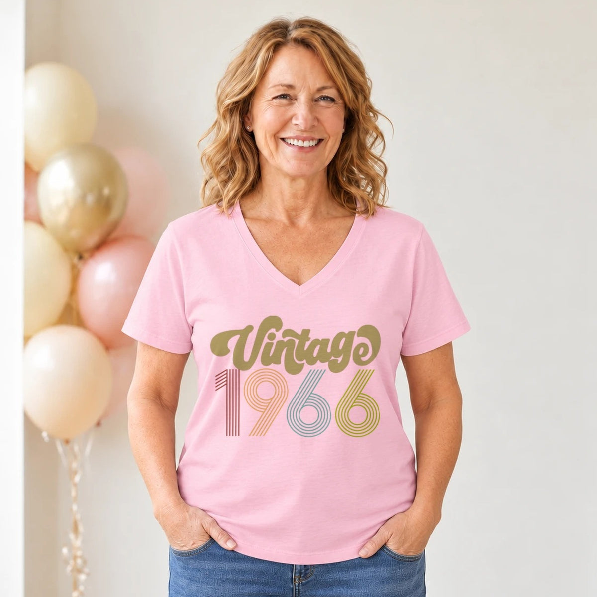 Vintage 1966 - Retro 60th Birthday T-Shirt for Women - Blush Pink V-Neck