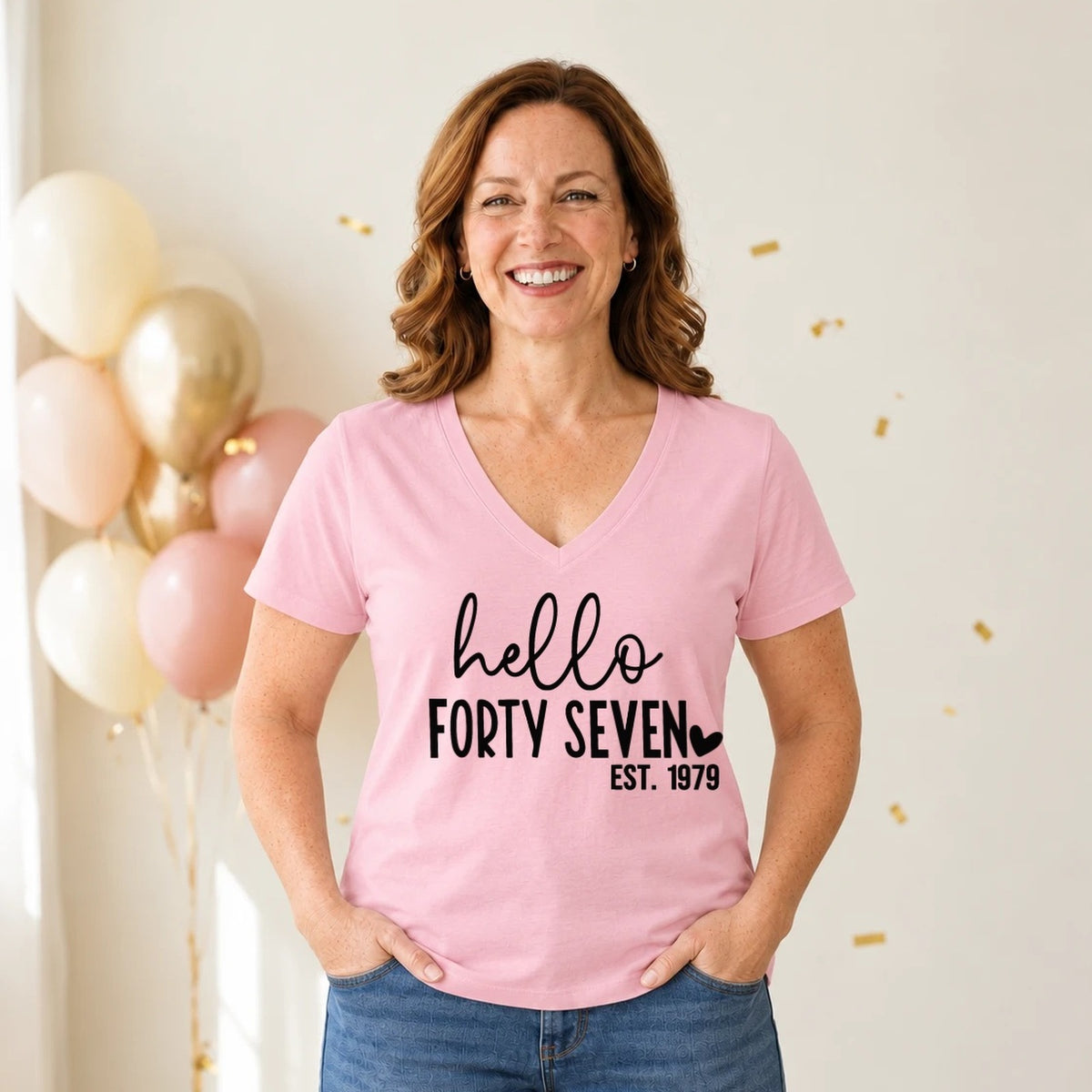 Hello Forty-Seven 47th Birthday T-Shirt for Women - Est. 1979 - Blush Pink V-Neck