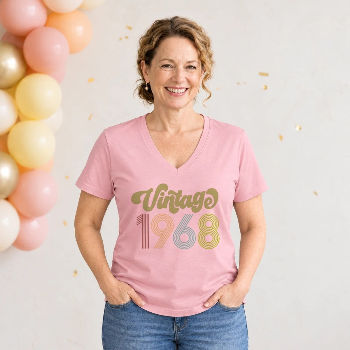 Vintage 1968 - Retro 58th Birthday T-Shirt for Women - Blush Pink V-Neck