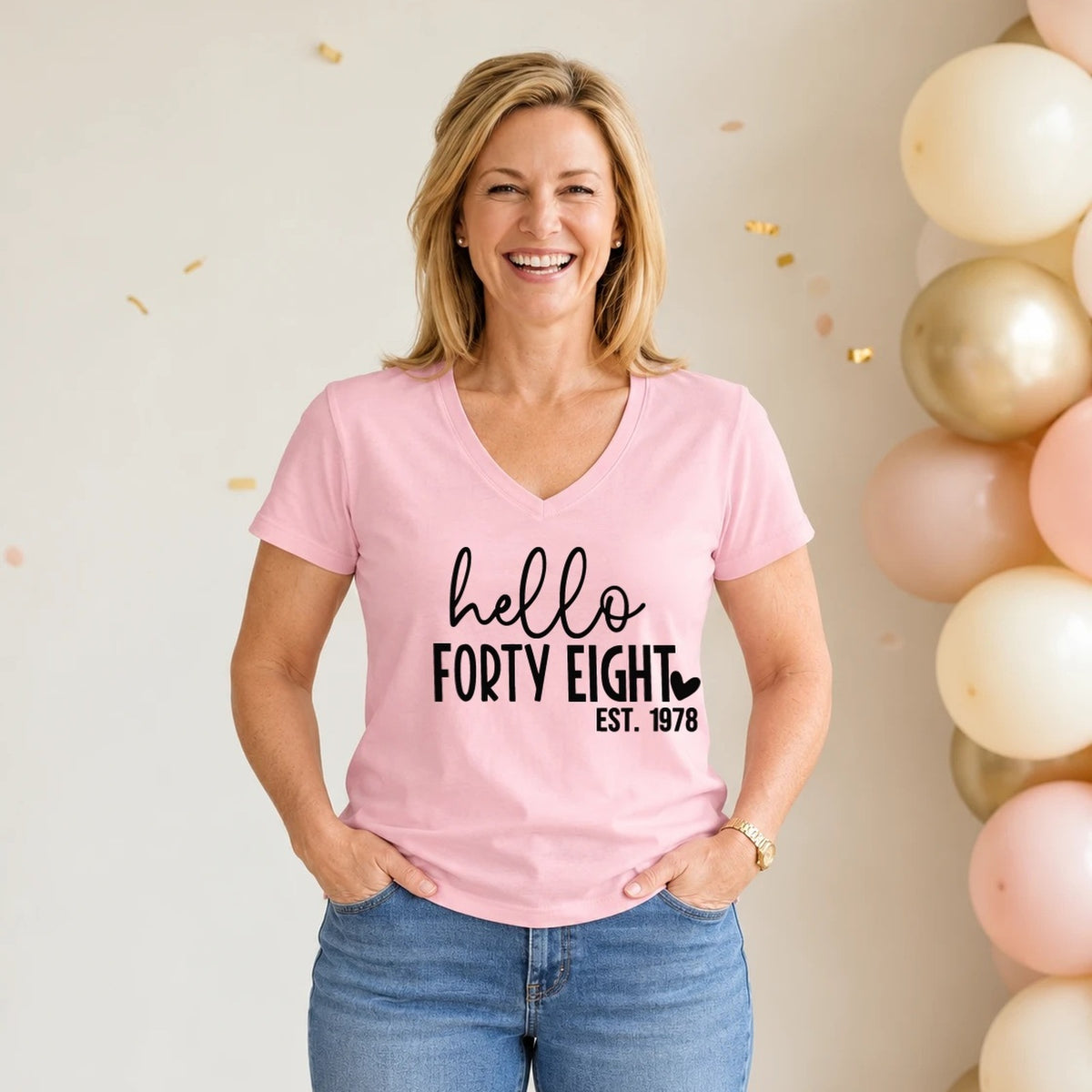 Hello Forty-Eight 48th Birthday T-Shirt for Women - Est. 1978 - Blush Pink V-Neck