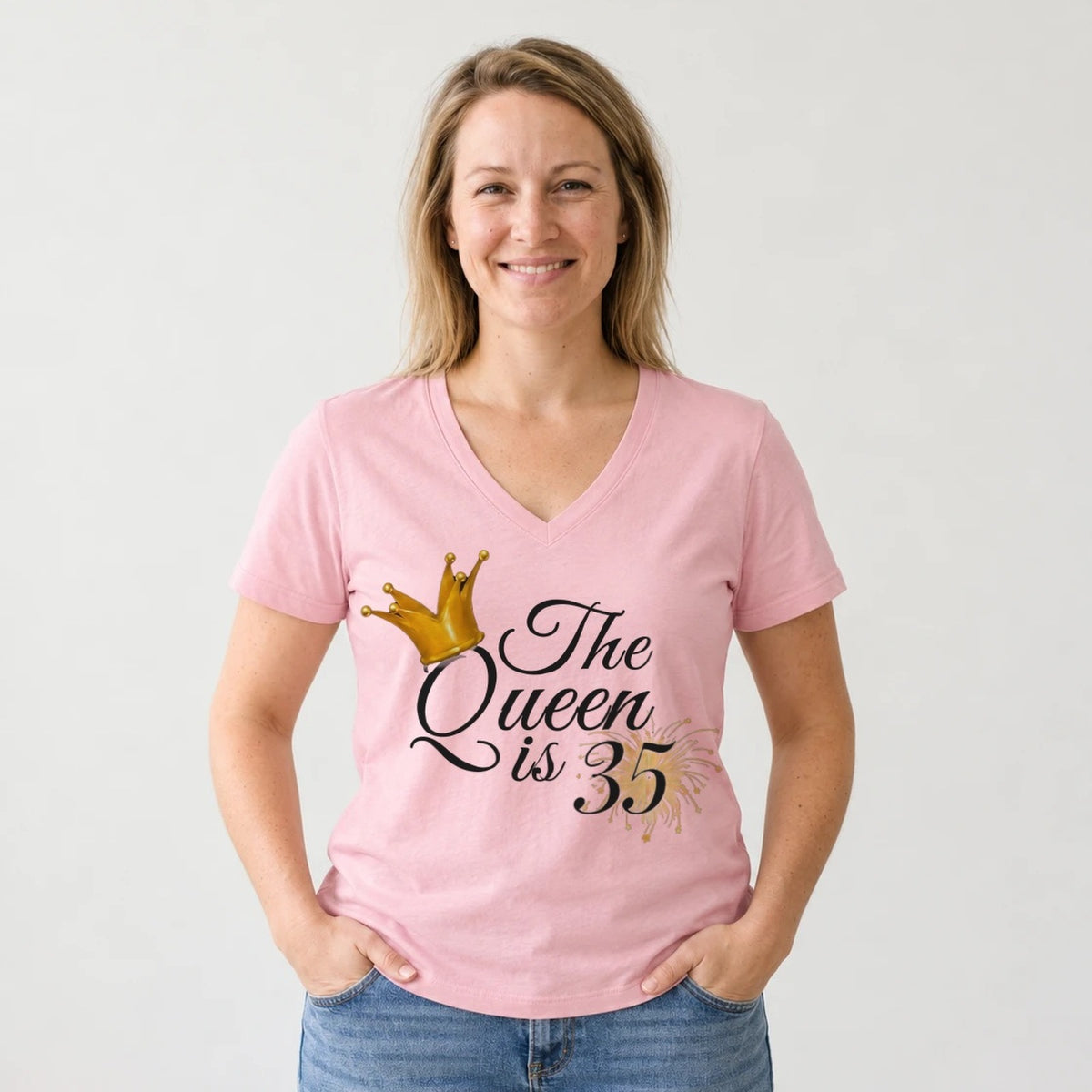 The Queen Is 35 - 35th Birthday Queen T-Shirt for Women - Blush Pink V-Neck