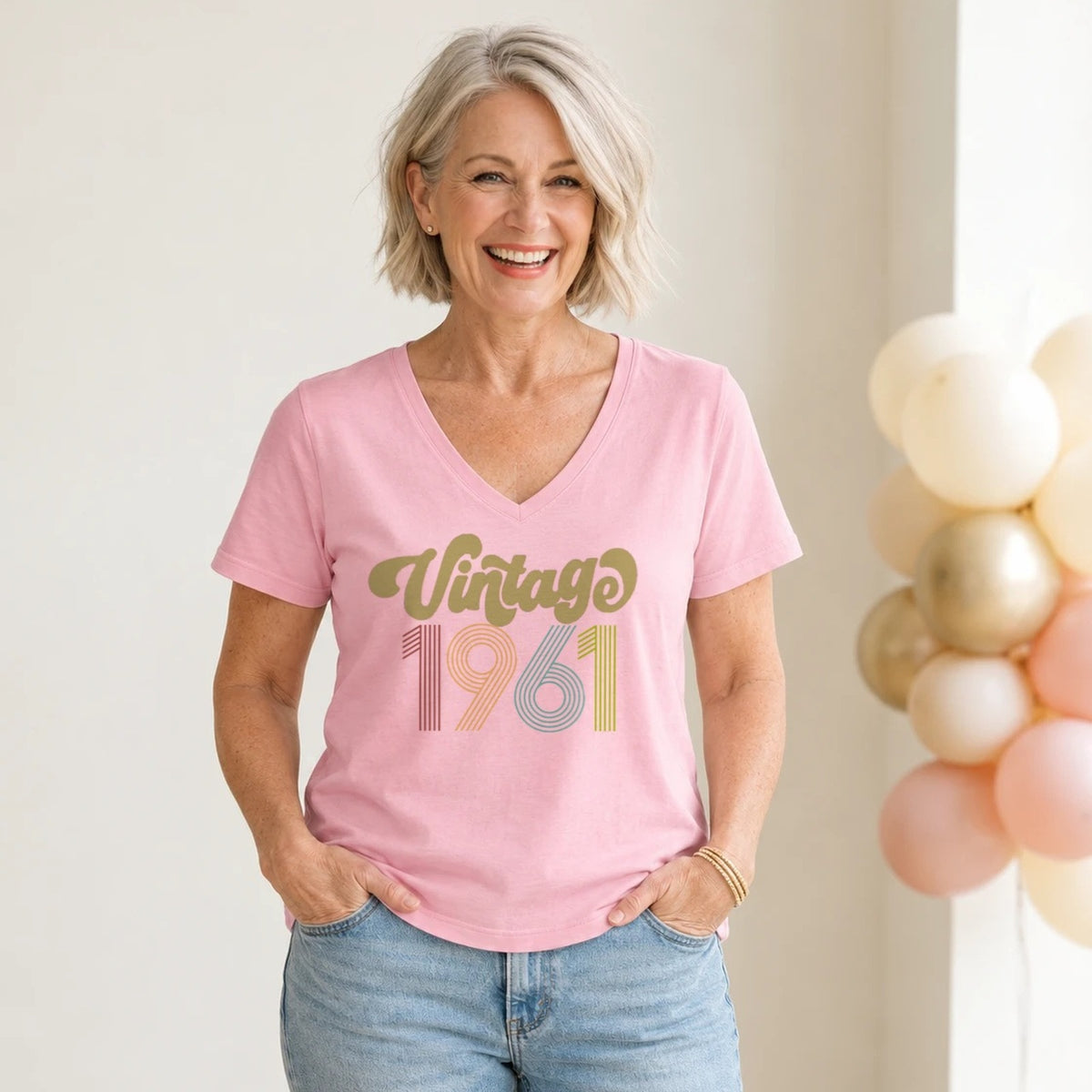Vintage 1961 - Retro 65th Birthday T-Shirt for Women - Blush Pink V-Neck
