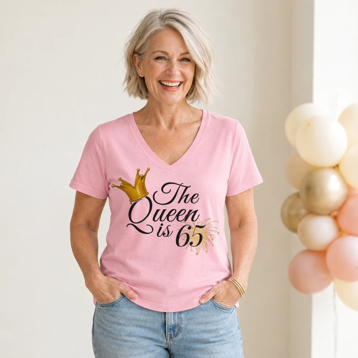 The Queen Is 65 - 65th Birthday Queen T-Shirt for Women - Blush Pink V-Neck