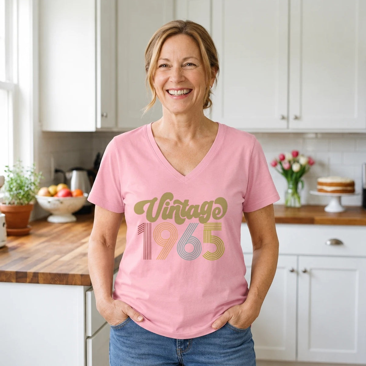 Vintage 1965 - Retro 61st Birthday T-Shirt for Women - Blush Pink V-Neck