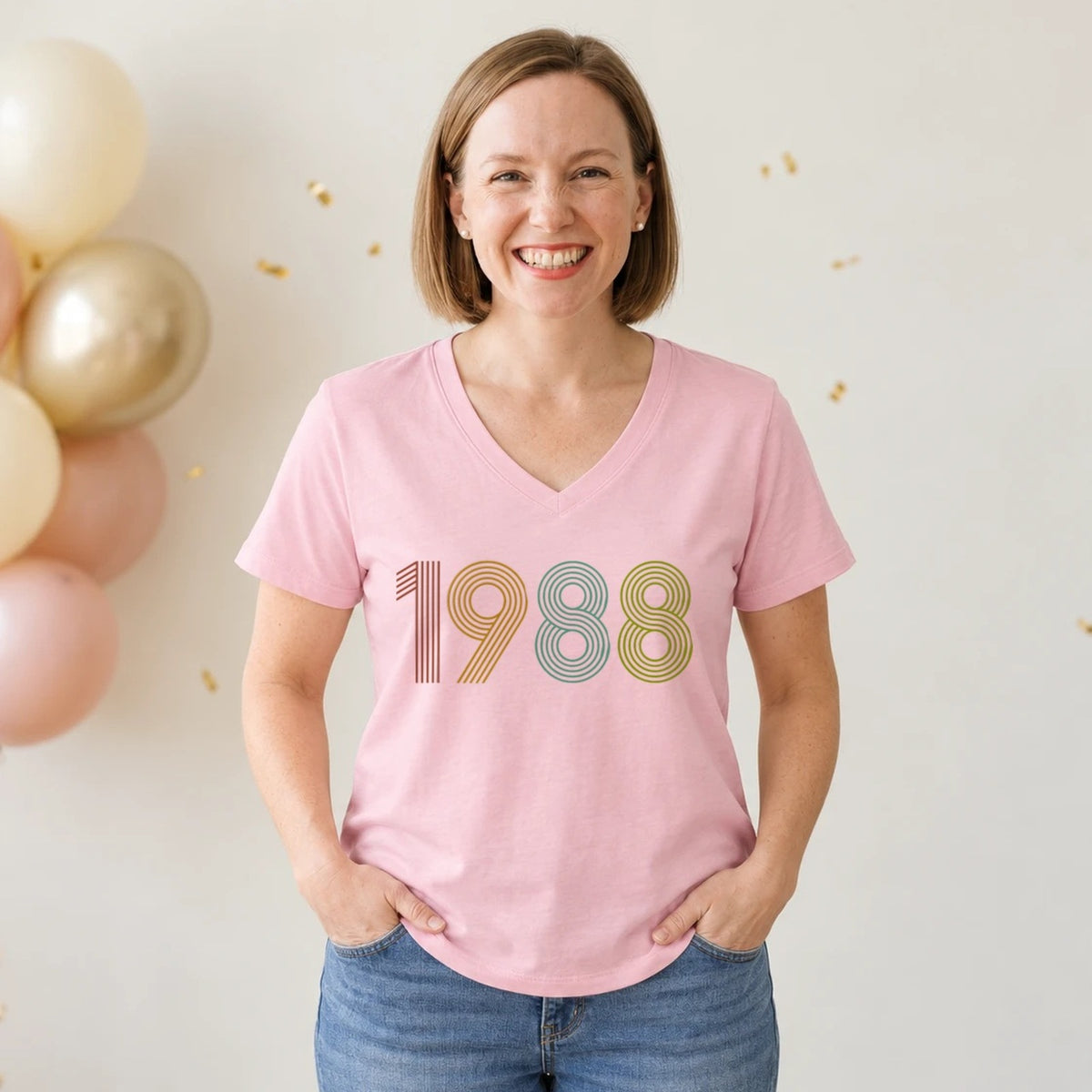 1988 Birth Year Shirt - Retro 38th Birthday T-Shirt for Women - Pink Round Neck
