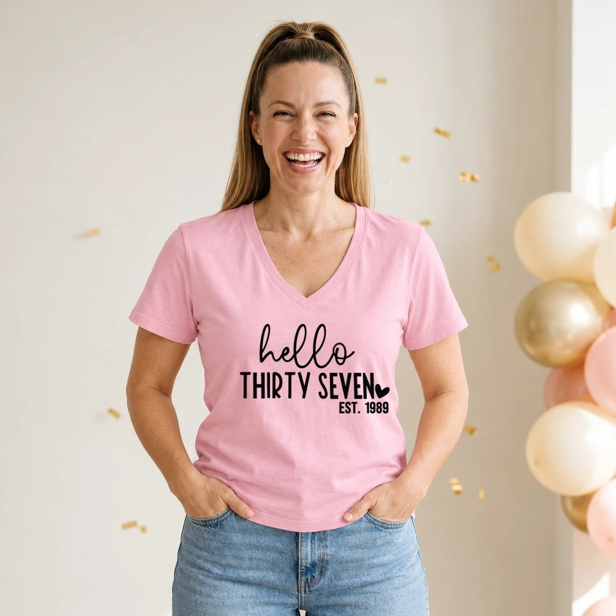 Hello Thirty-Seven 37th Birthday T-Shirt for Women - Est. 1989 - Blush Pink V-Neck