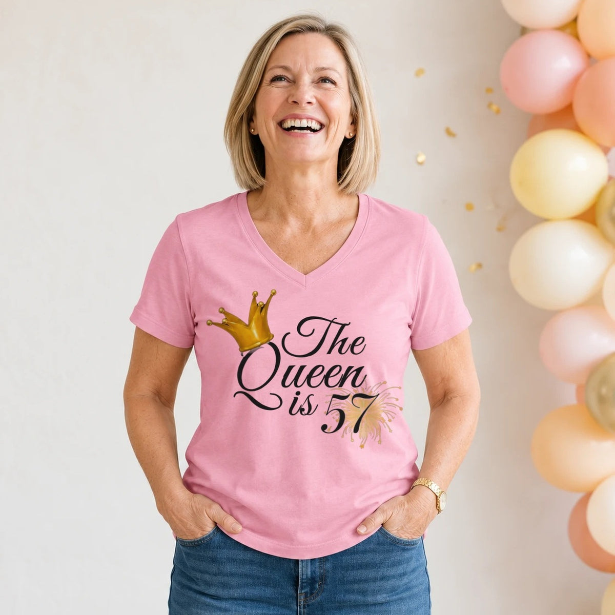 The Queen Is 57 - 57th Birthday Queen T-Shirt for Women - Blush Pink V-Neck