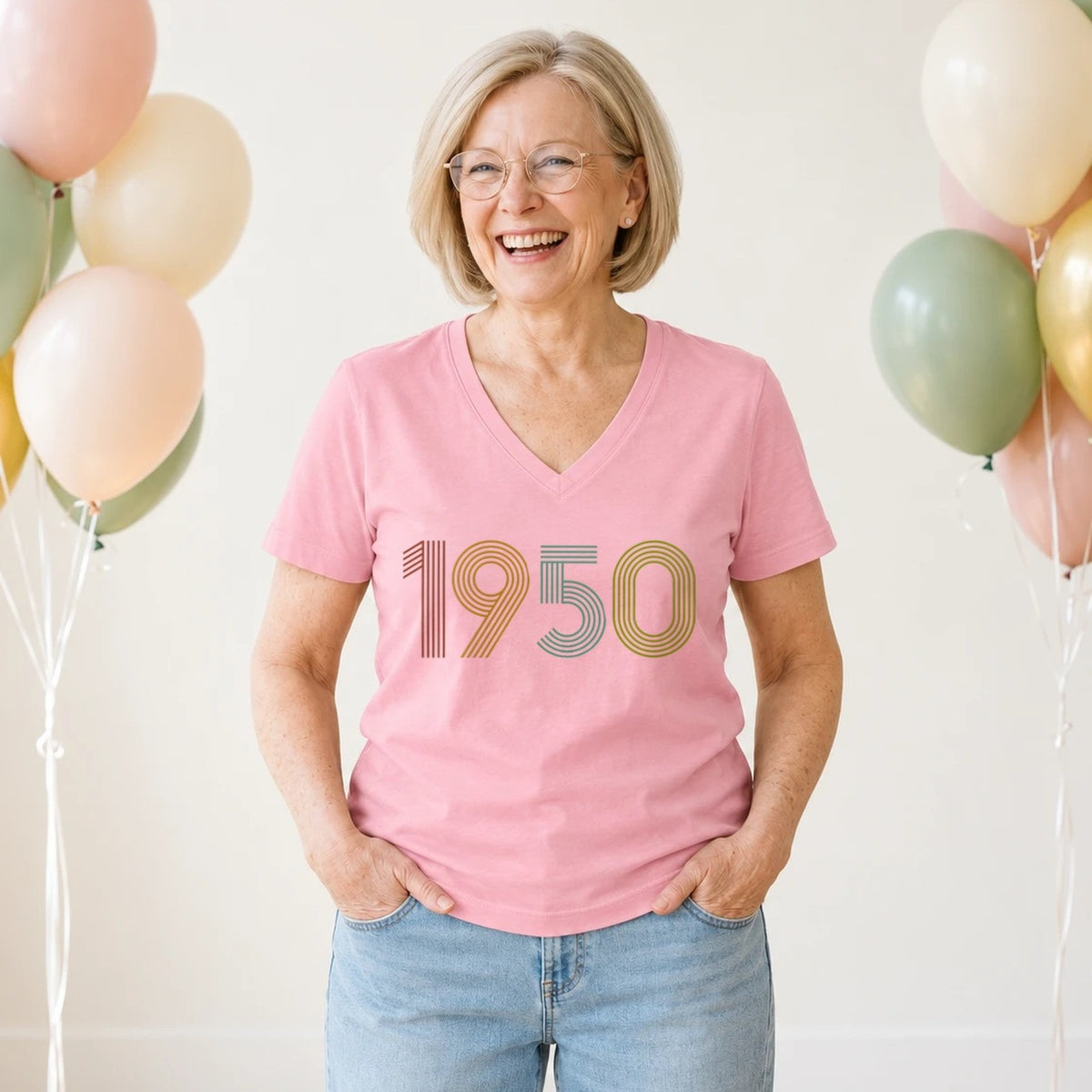 1950 Birth Year Shirt - Retro 76th Birthday T-Shirt for Women - Blush Pink V-Neck