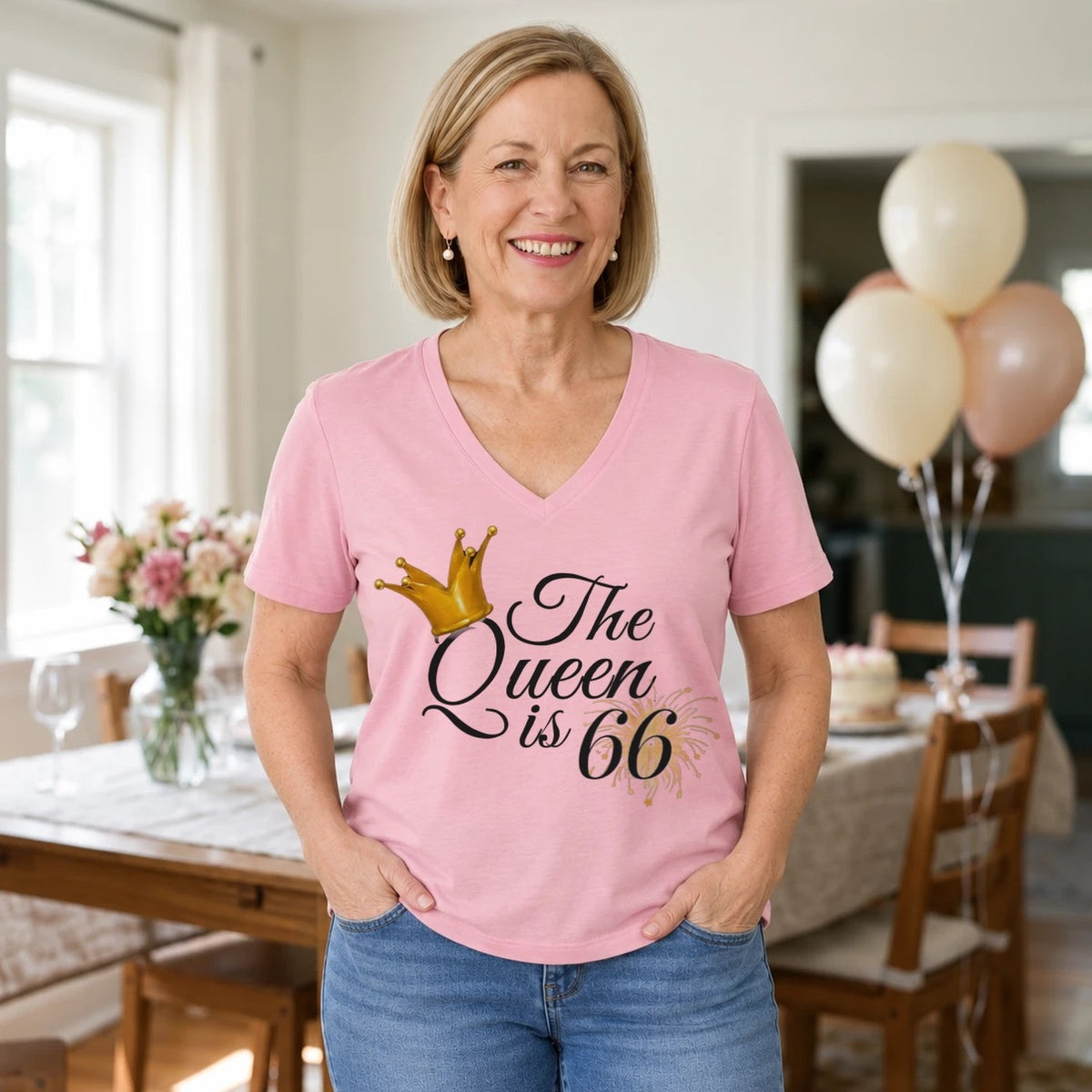 The Queen Is 66 - 66th Birthday Queen T-Shirt for Women - Blush Pink V-Neck