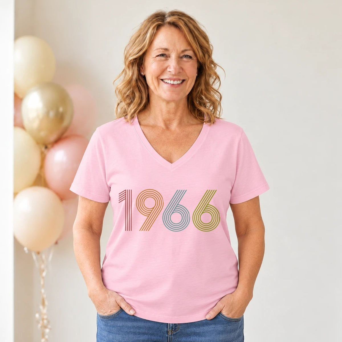 1966 Birth Year Shirt - Retro 60th Birthday T-Shirt for Women - Blush Pink V-Neck