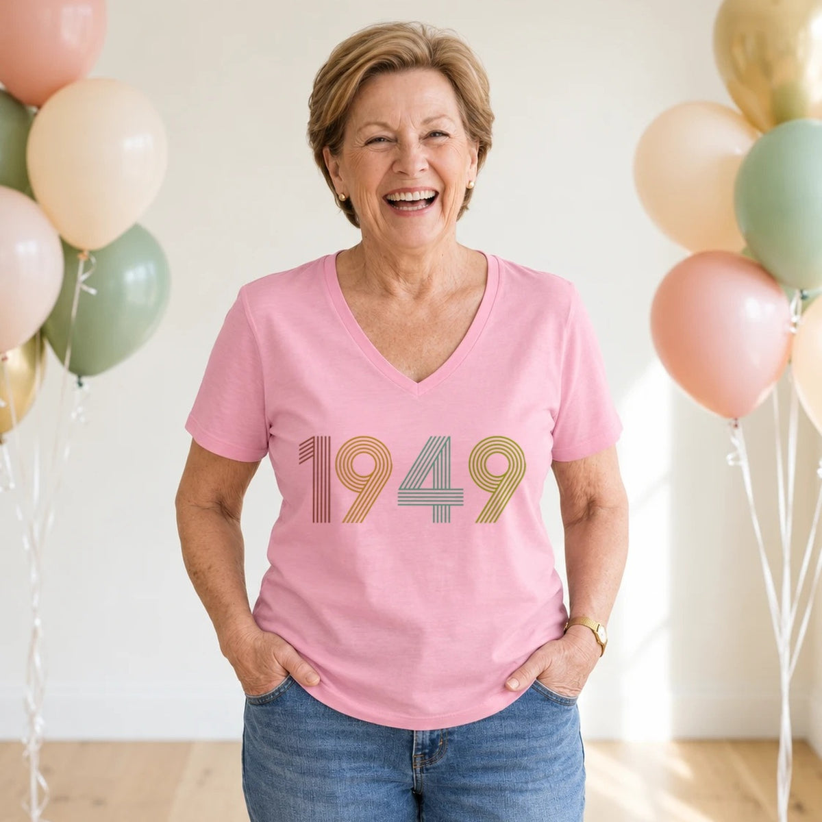 1949 Birth Year Shirt - Retro 77th Birthday T-Shirt for Women - Blush Pink V-Neck
