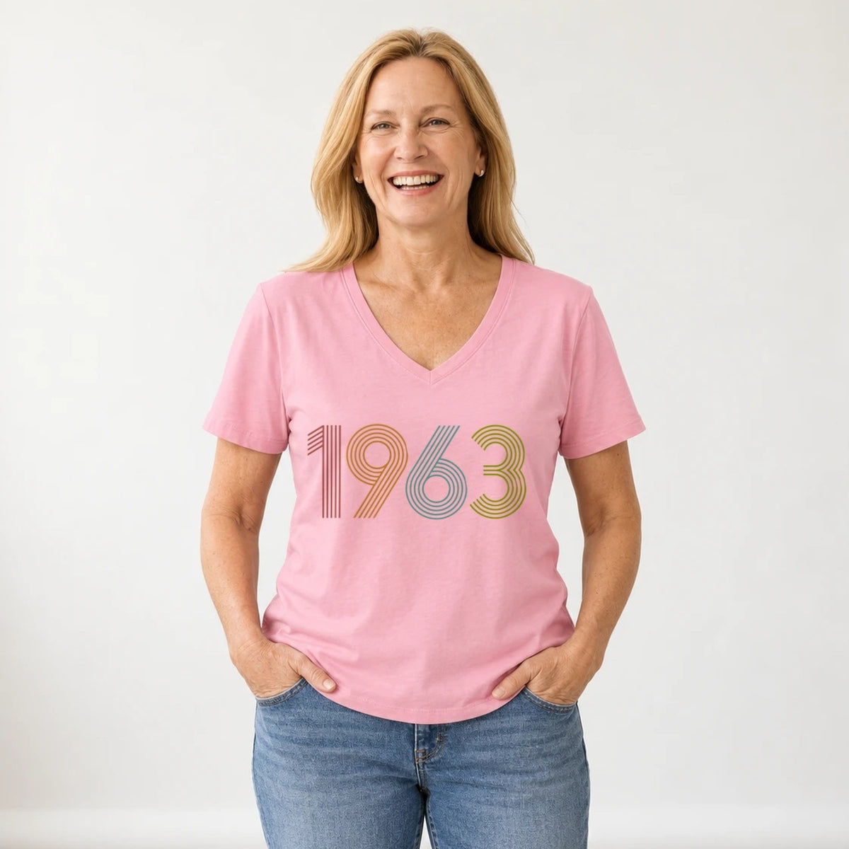 1963 Birth Year Shirt - Retro 63rd Birthday T-Shirt for Women - Blush Pink V-Neck