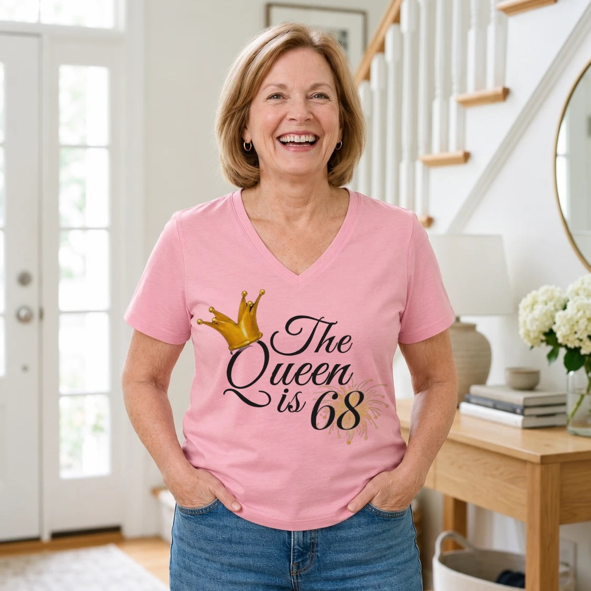 The Queen Is 68 - 68th Birthday Queen T-Shirt for Women - Blush Pink V-Neck