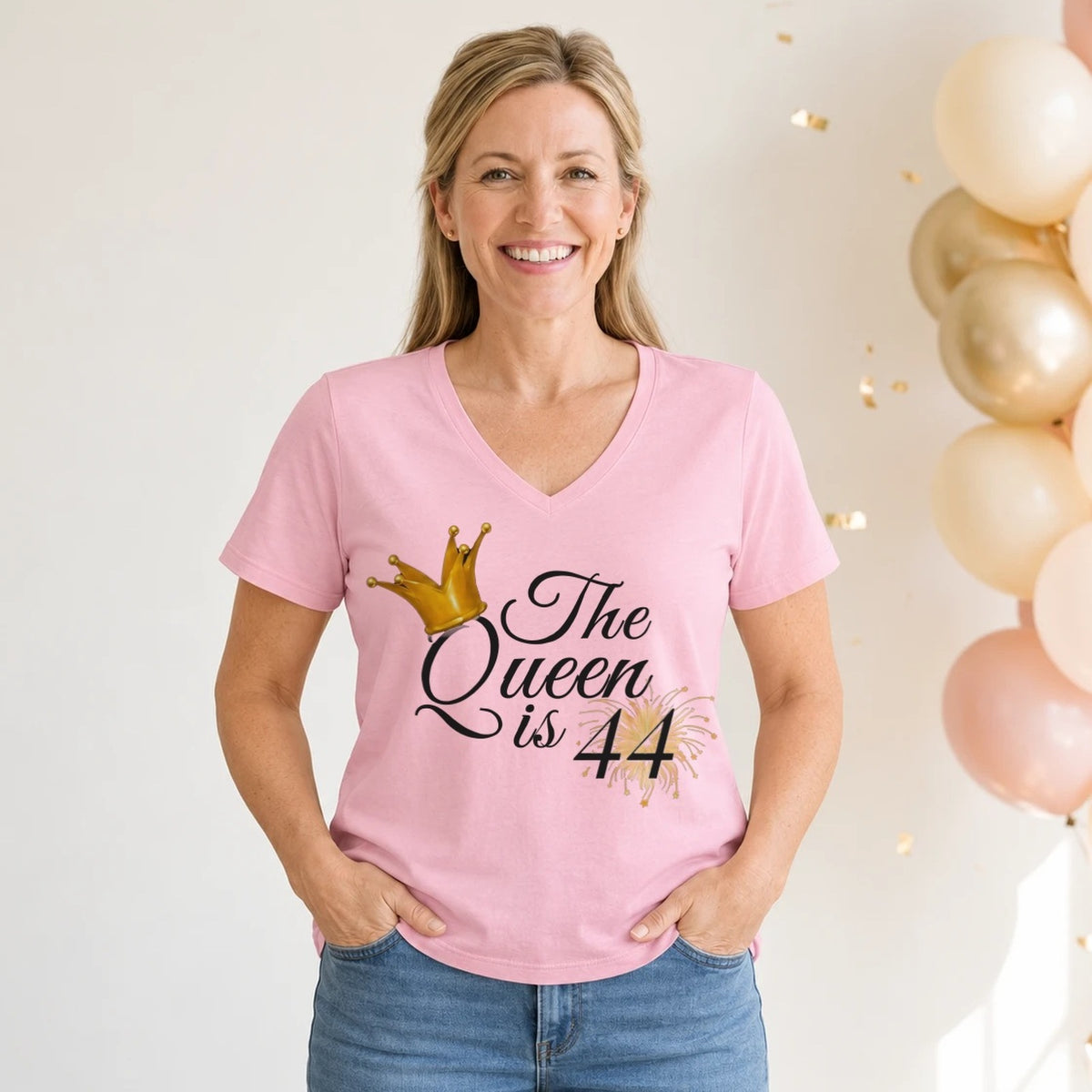 The Queen Is 44 - 44th Birthday Queen T-Shirt for Women - Blush Pink V-Neck