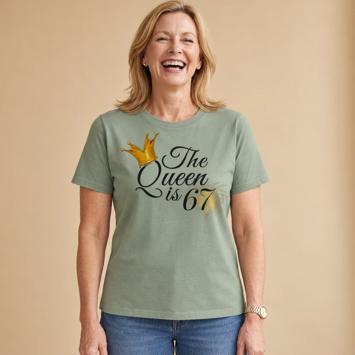 The Queen Is 67 - 67th Birthday Queen T-Shirt for Women - Sage Green Round Neck