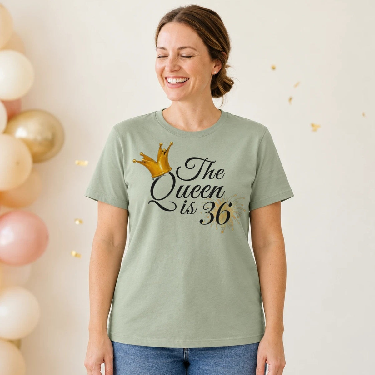 The Queen Is 36 - 36th Birthday Queen T-Shirt for Women - Sage Green Round Neck