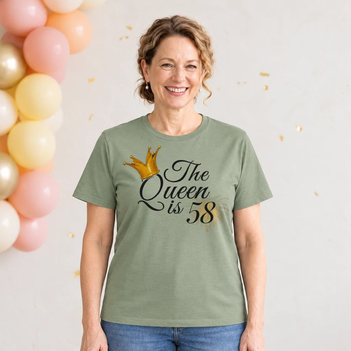 The Queen Is 58 - 58th Birthday Queen T-Shirt for Women - Sage Green Round Neck