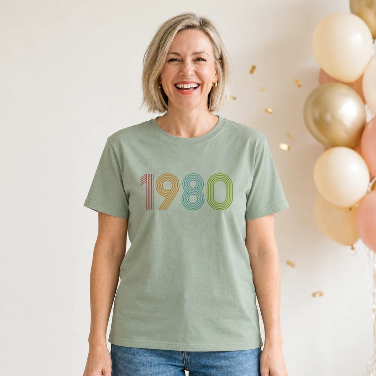 1980 Birth Year Shirt - Retro 46th Birthday T-Shirt for Women - Sage Green V-Neck