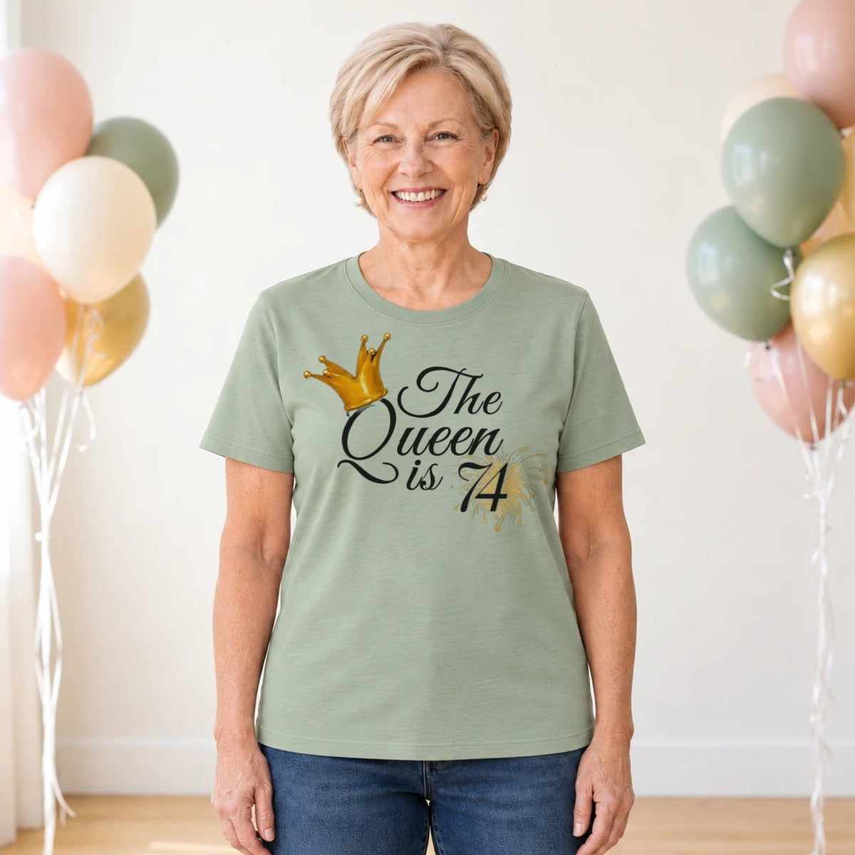 The Queen Is 74 - 74th Birthday Queen T-Shirt for Women - Sage Green Round Neck
