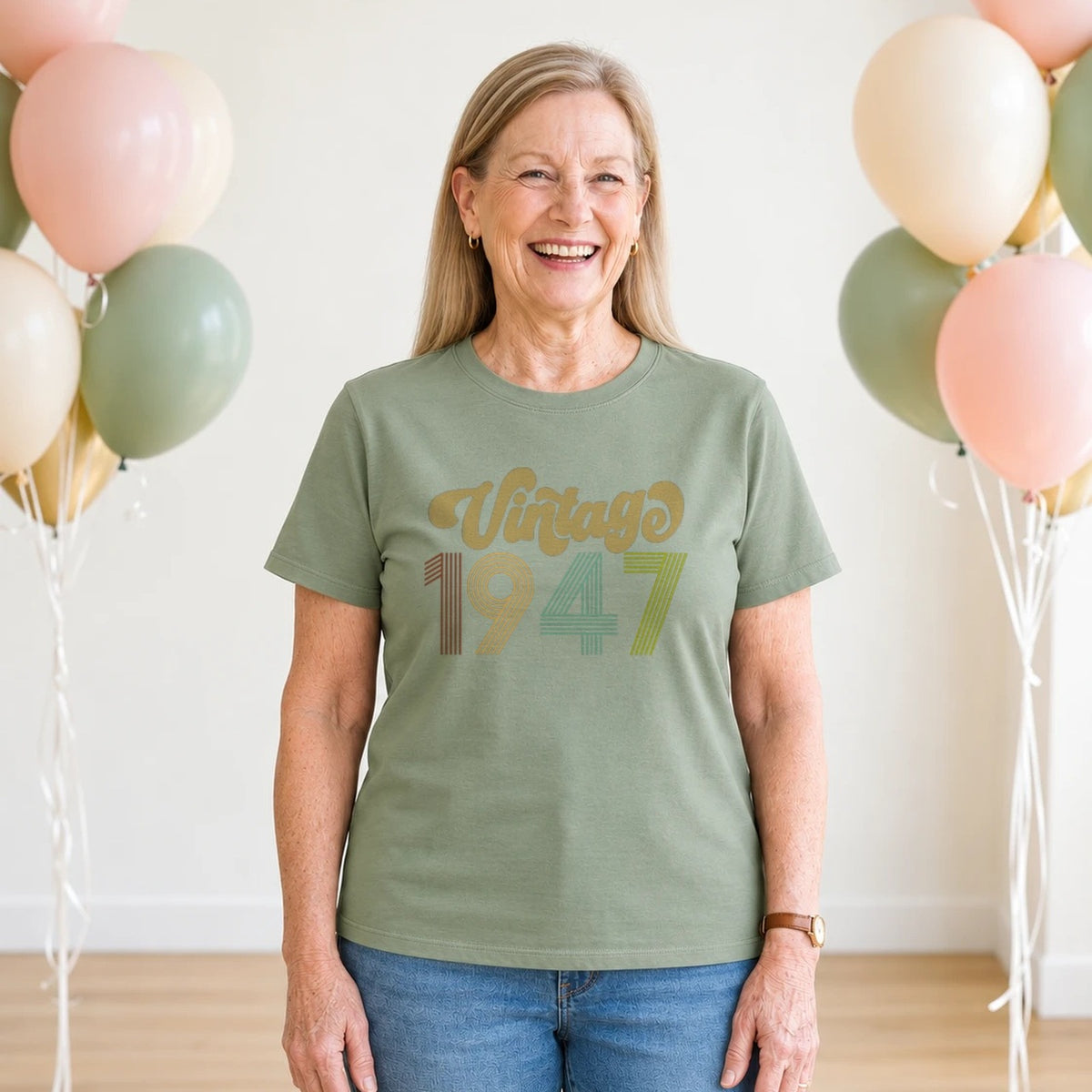 Vintage 1947 - Retro 79th Birthday T-Shirt for Women - Sage Green Round Neck
