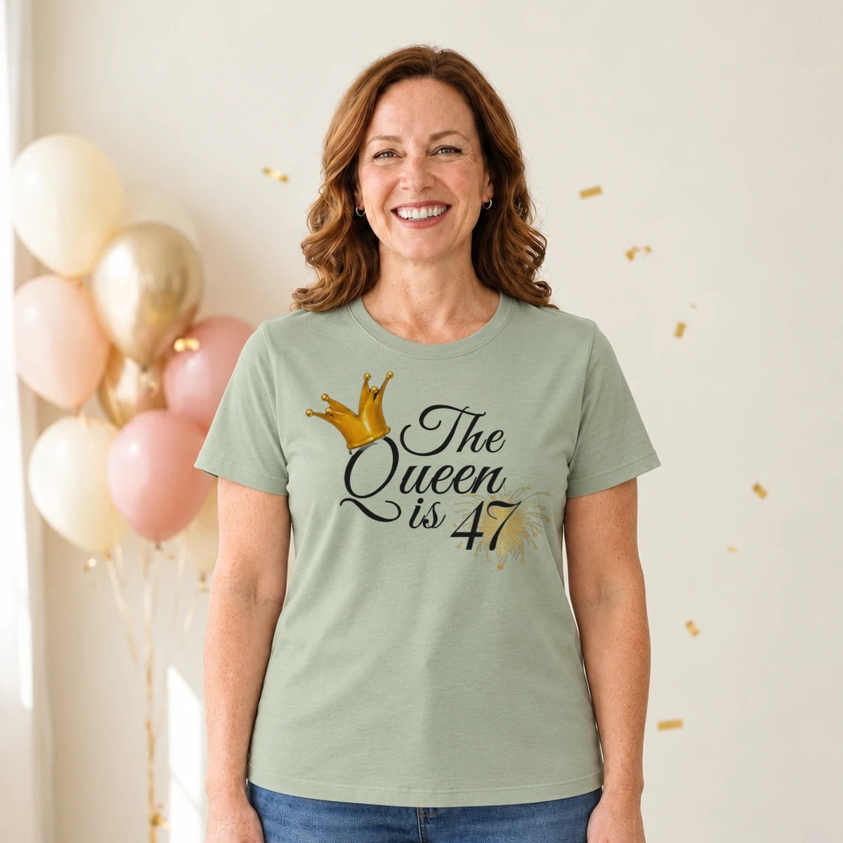 The Queen Is 47 - 47th Birthday Queen T-Shirt for Women - Sage Green Round Neck