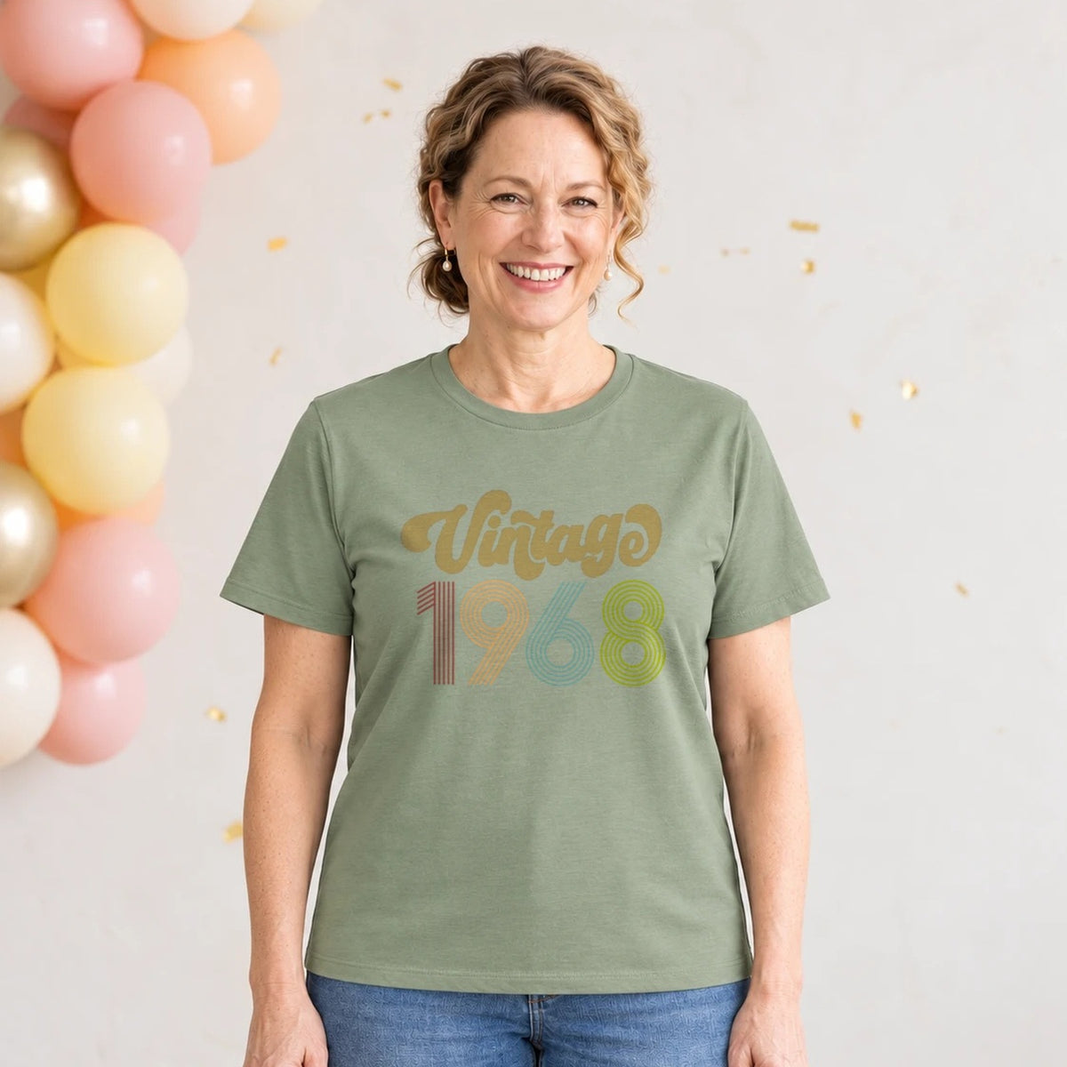 Vintage 1968 - Retro 58th Birthday T-Shirt for Women - Sage Green Round Neck