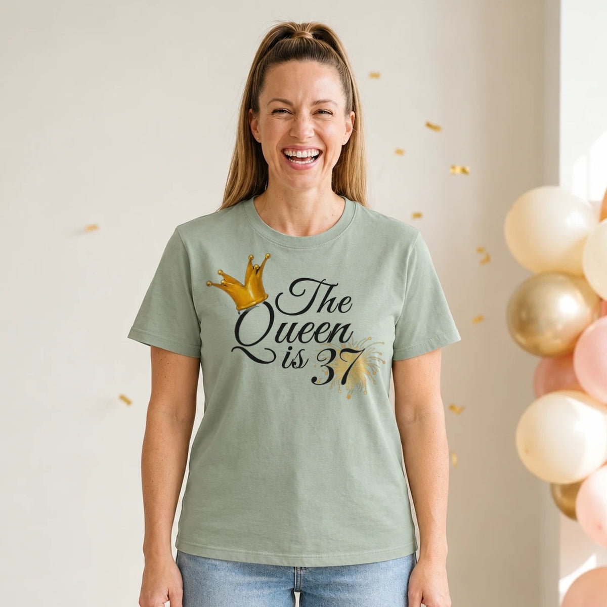 The Queen Is 37 - 37th Birthday Queen T-Shirt for Women - Sage Green Round Neck