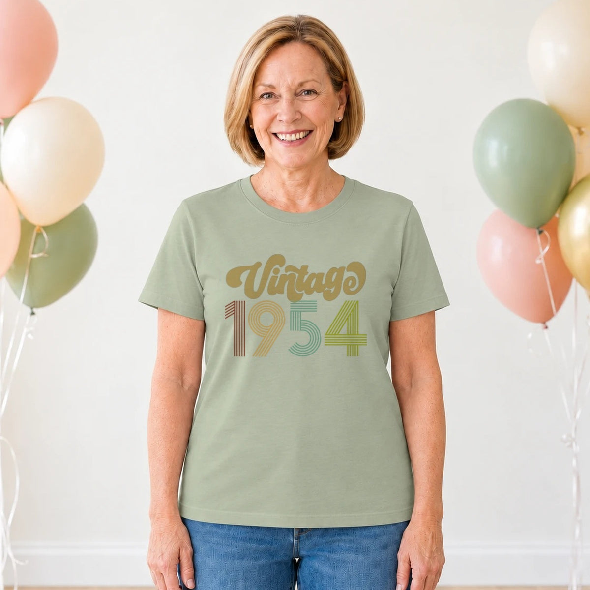 Vintage 1954 - Retro 72nd Birthday T-Shirt for Women - Sage Green Round Neck