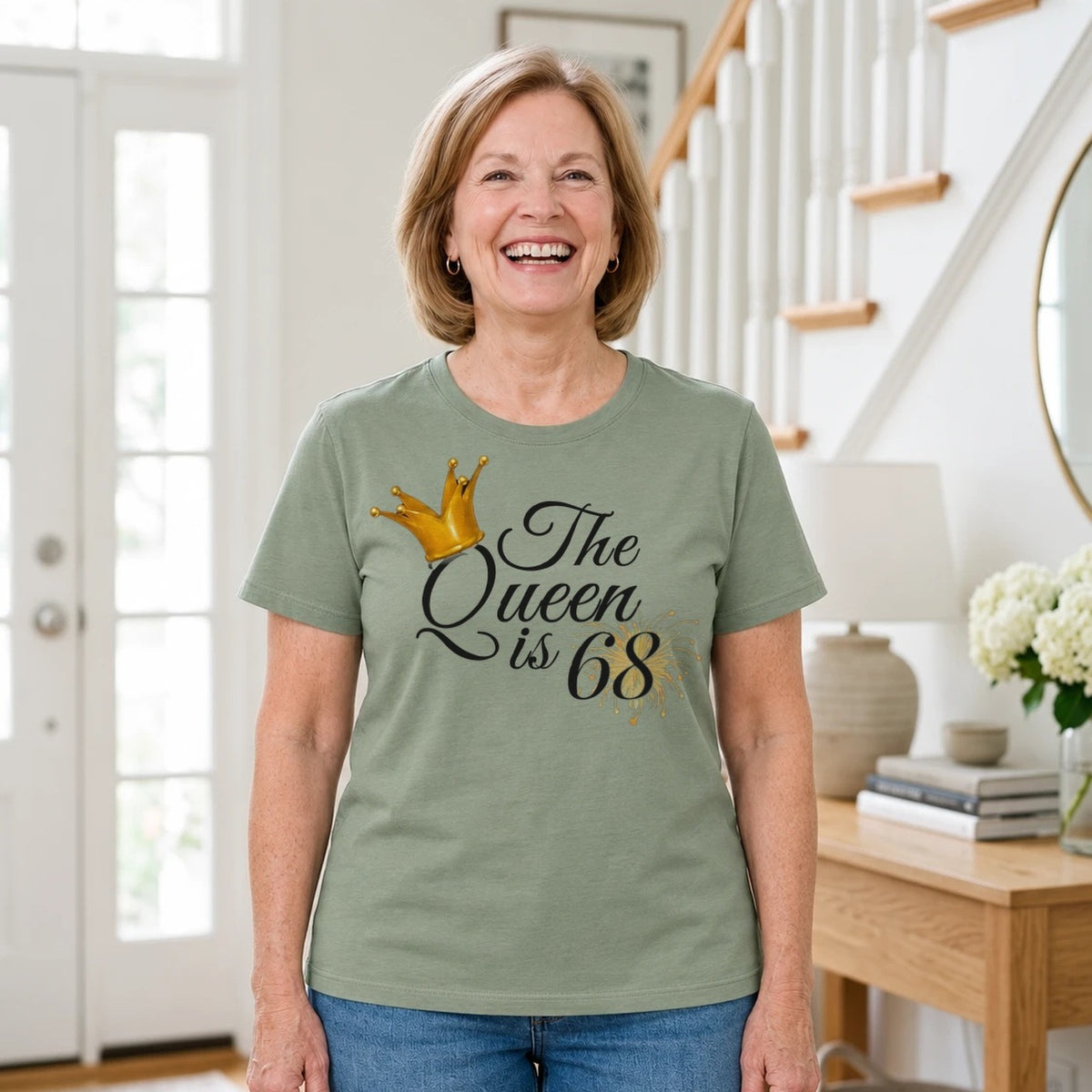 The Queen Is 68 - 68th Birthday Queen T-Shirt for Women - Sage Green Round Neck
