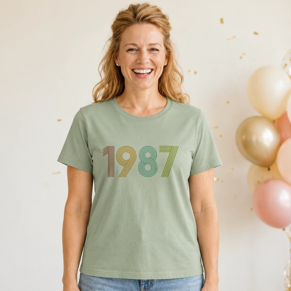 1987 Birth Year Shirt - Retro 39th Birthday T-Shirt for Women - Sage Green V-Neck