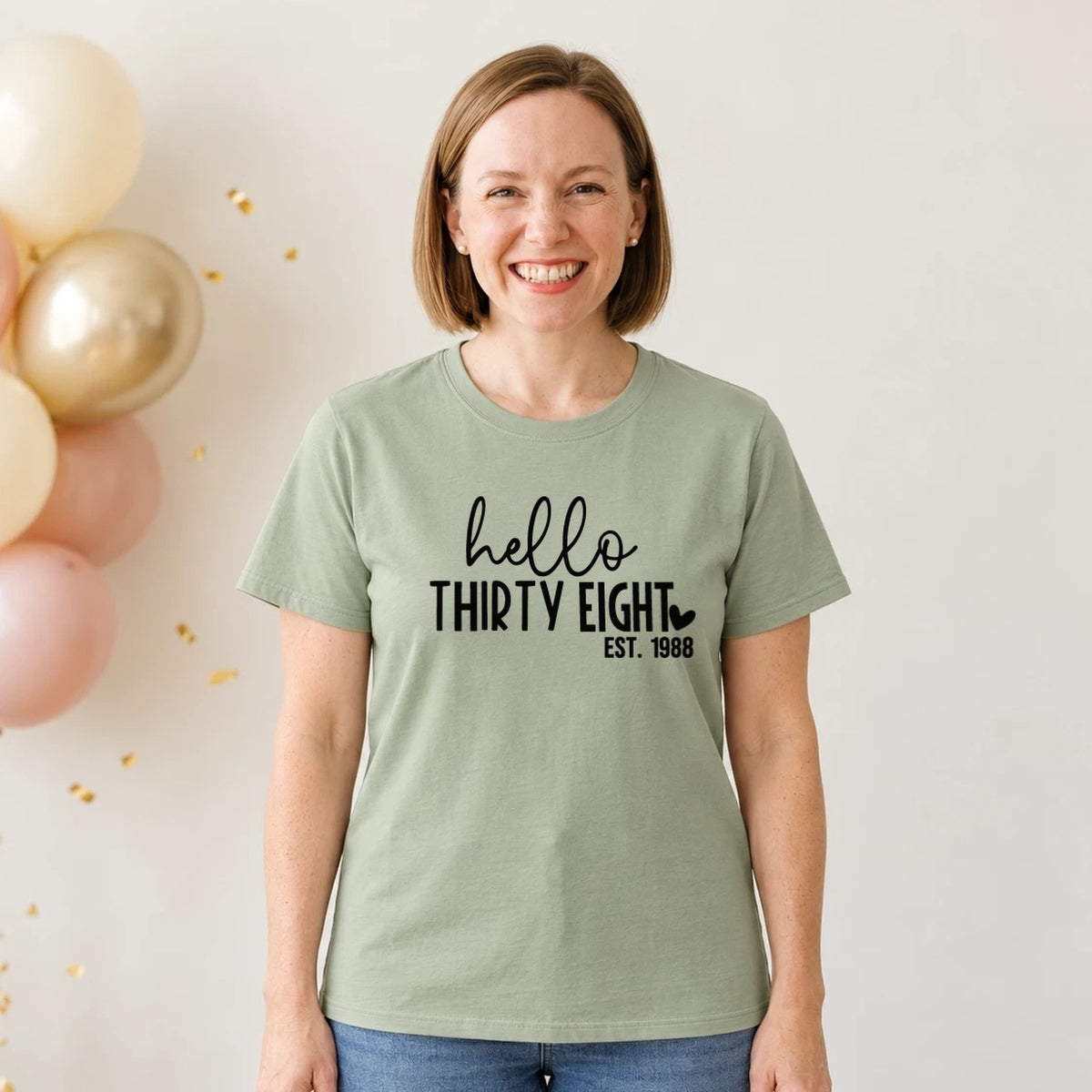 Hello Thirty-Eight 38th Birthday T-Shirt for Women - Est. 1988 - Sage Green Round Neck