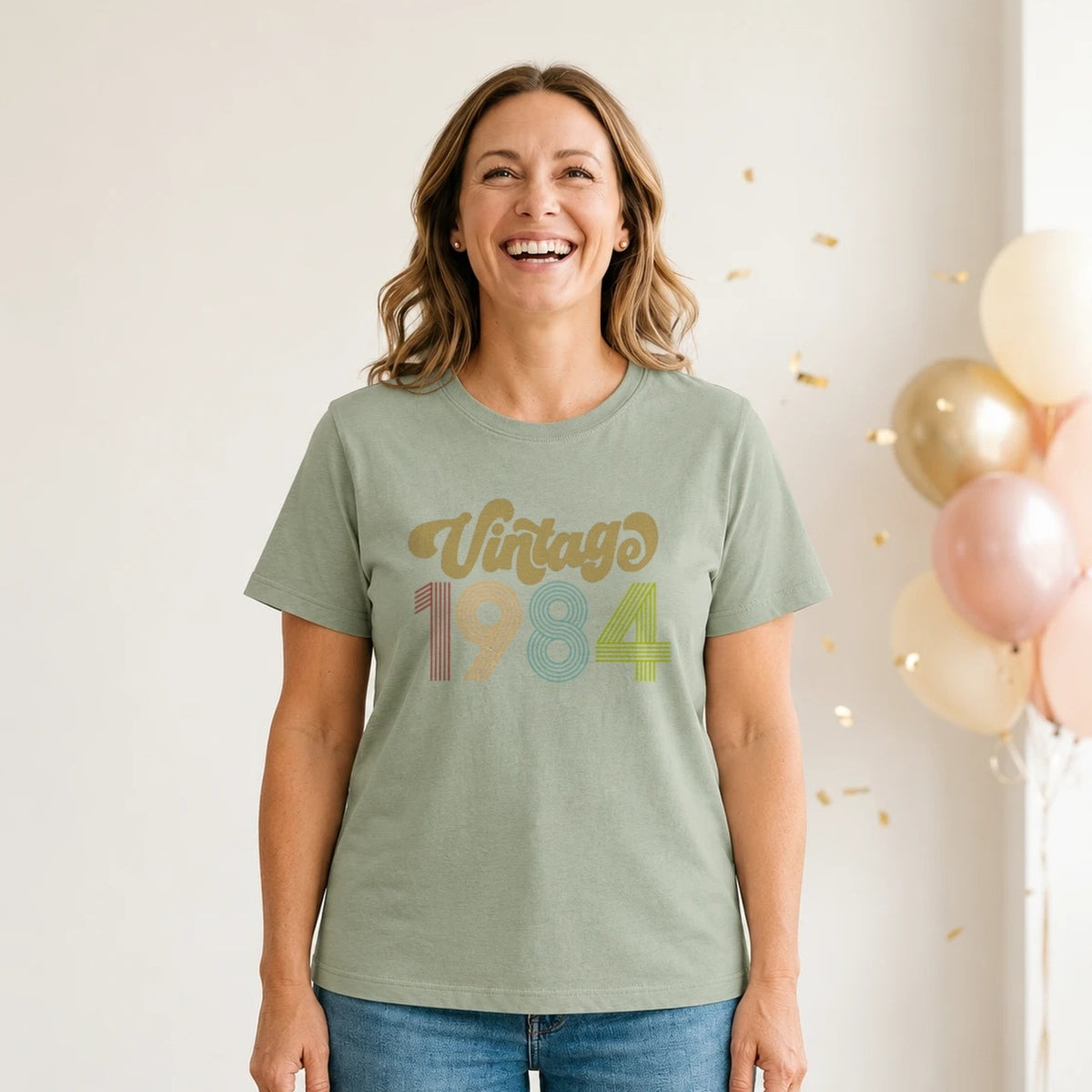 Vintage 1984 - Retro 42nd Birthday T-Shirt for Women - Sage Green Round Neck