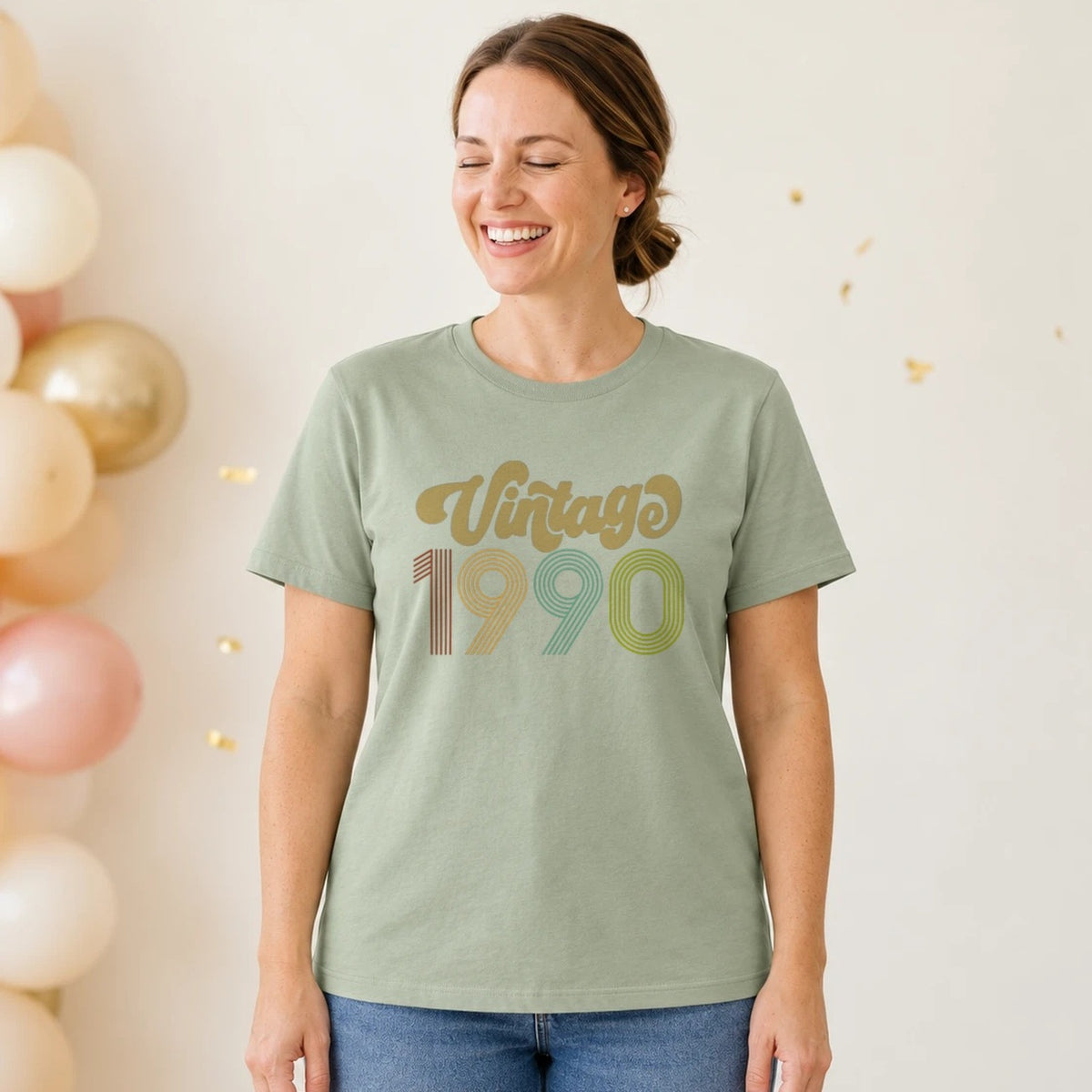 Vintage 1990 - Retro 36th Birthday T-Shirt for Women - Sage Green Round Neck