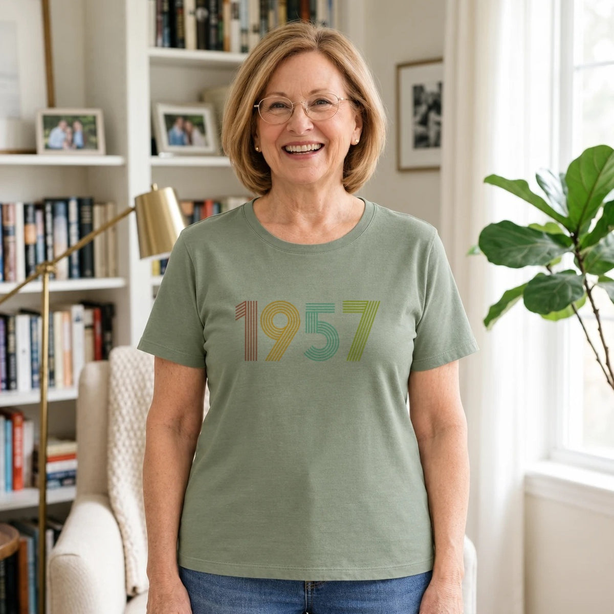1957 Birth Year Shirt - Retro 69th Birthday T-Shirt for Women - Sage Green Round Neck